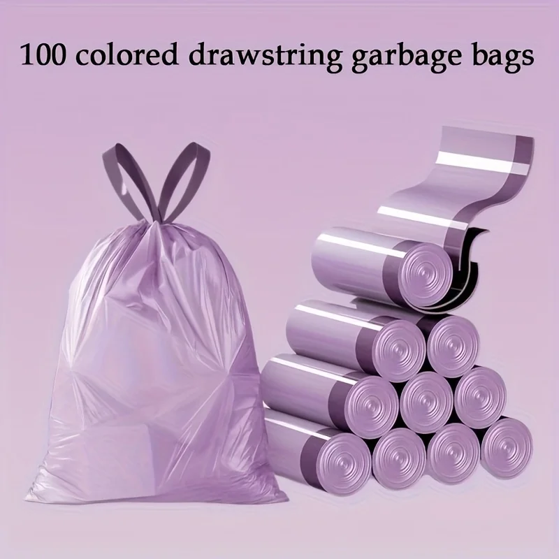Purple Drawstring Trash Bags 100-Pack Thick Leak-Proof Disposable Garbage Bags for Kitchen Bathroom Home Trash Cans - Image 4