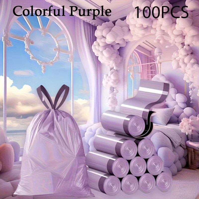 Purple Drawstring Trash Bags 100-Pack Thick Leak-Proof Disposable Garbage Bags for Kitchen Bathroom Home Trash Cans - Image 2